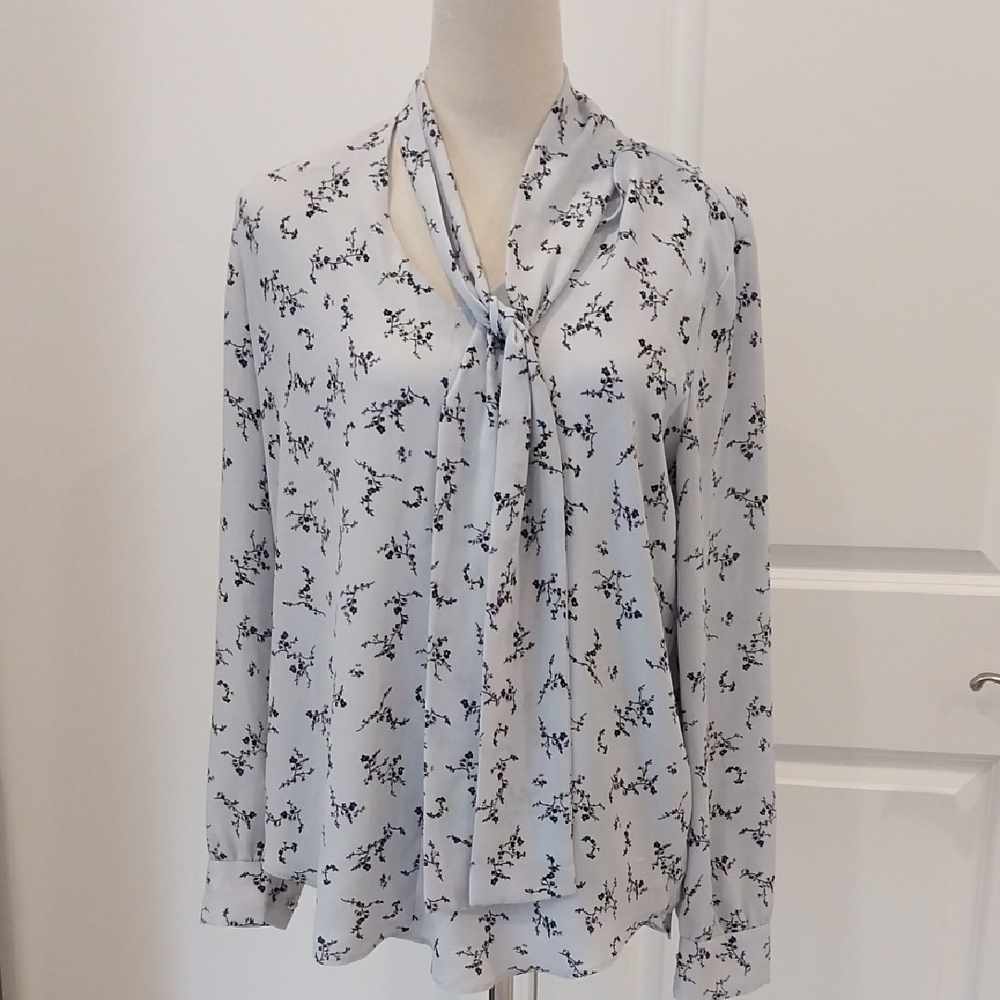 Ann Taylor Light Blue Tie-Neck Floral Blouse